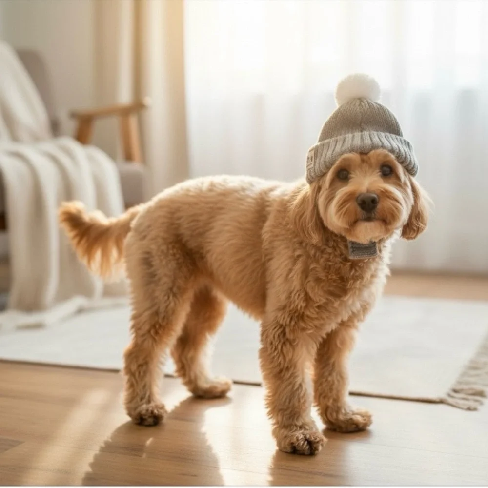 HAPPY DOOOOOG Soft Knit Dog Hat w/Pom Trim, Ear Holes + Chin Strap in Grey - NWT - Picture 4 of 13